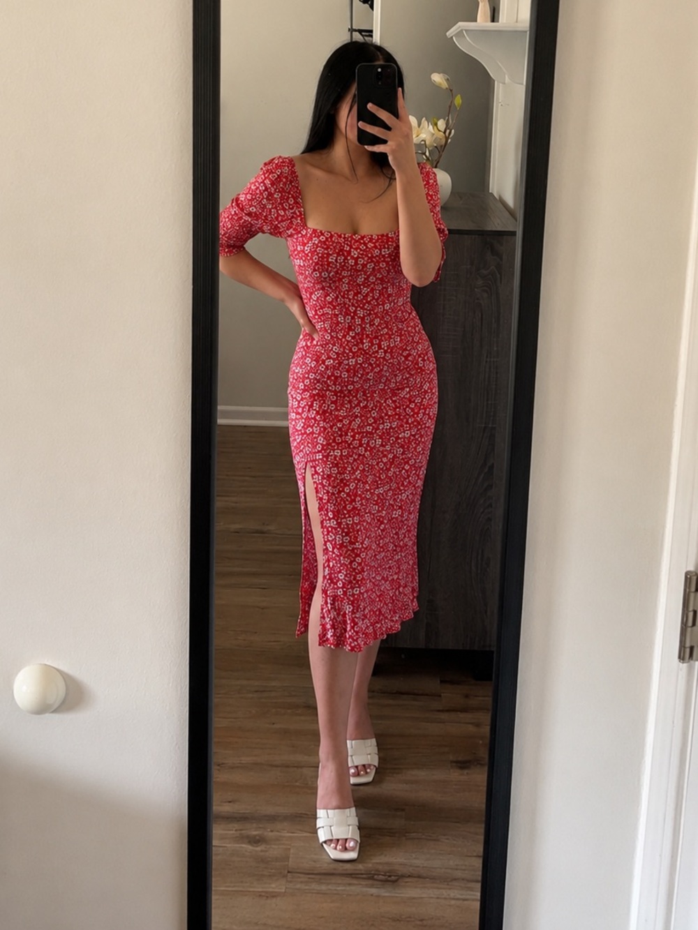 miami Red Floral Square-Neck Midi Dress with Side Slit